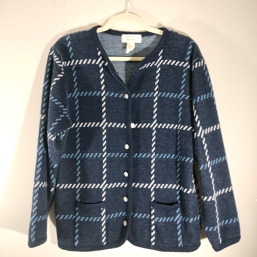Vintage Tally-Ho Navy Blue Plaid Cardigan Sweater